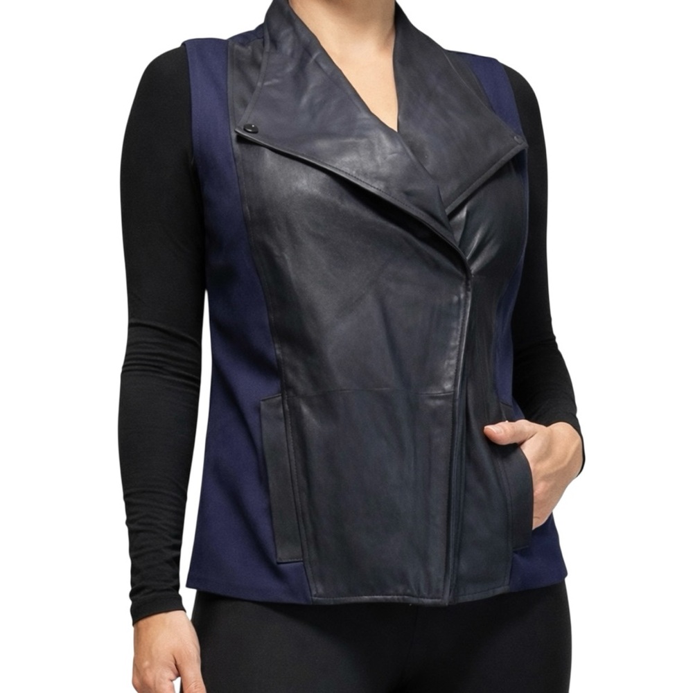 Vince Navy Goat Leather Asymmetrical Vest Cobalt Stretch Women’s L - Picture 1 of 10